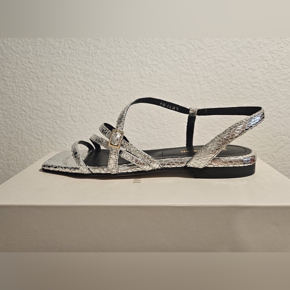 399 Bruno Premi Silver and Black Minimalist Sandals with Ankle Strap EU39